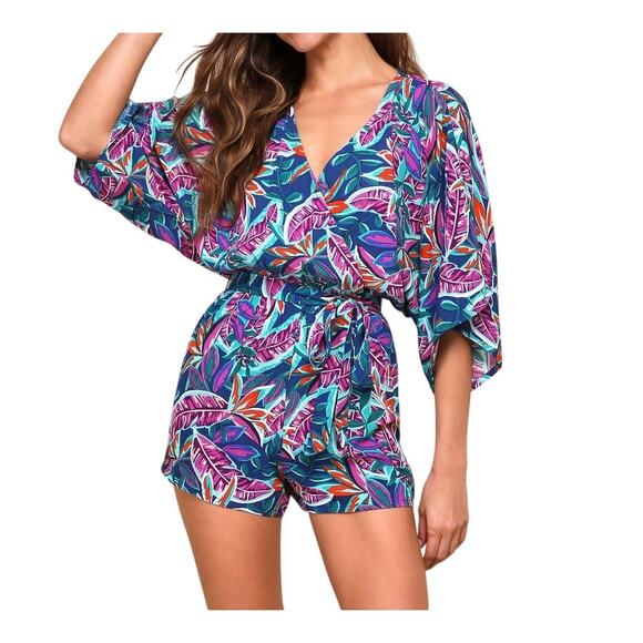 Lulus Tropical Print Drape Sleeve Once Piece Romper Women's L Large - Picture 1 of 8